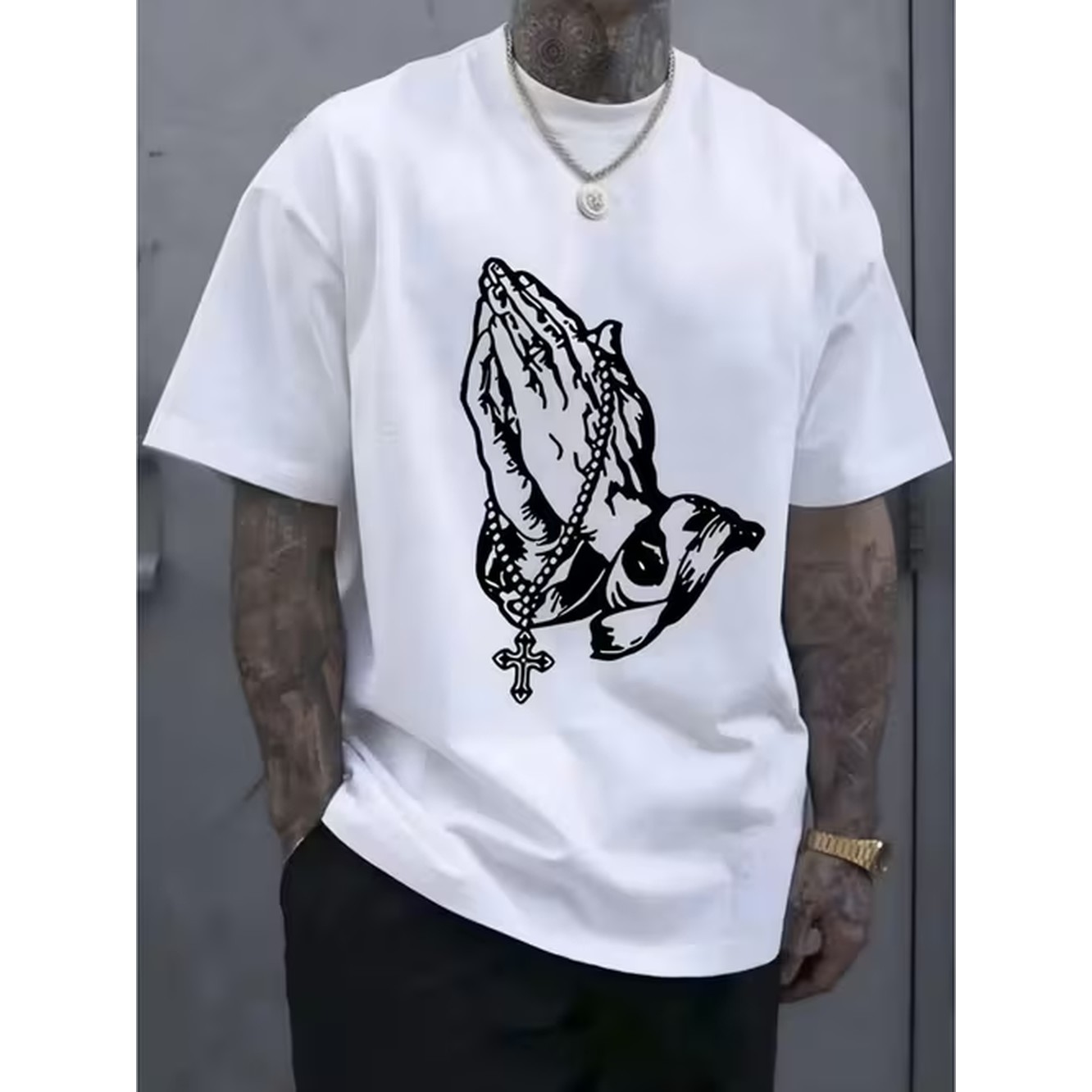 Crossfit Machine - Herren-T-Shirt mit Gebetshänden-Kreuz-Grafik, locker sitzend, atmungsaktives